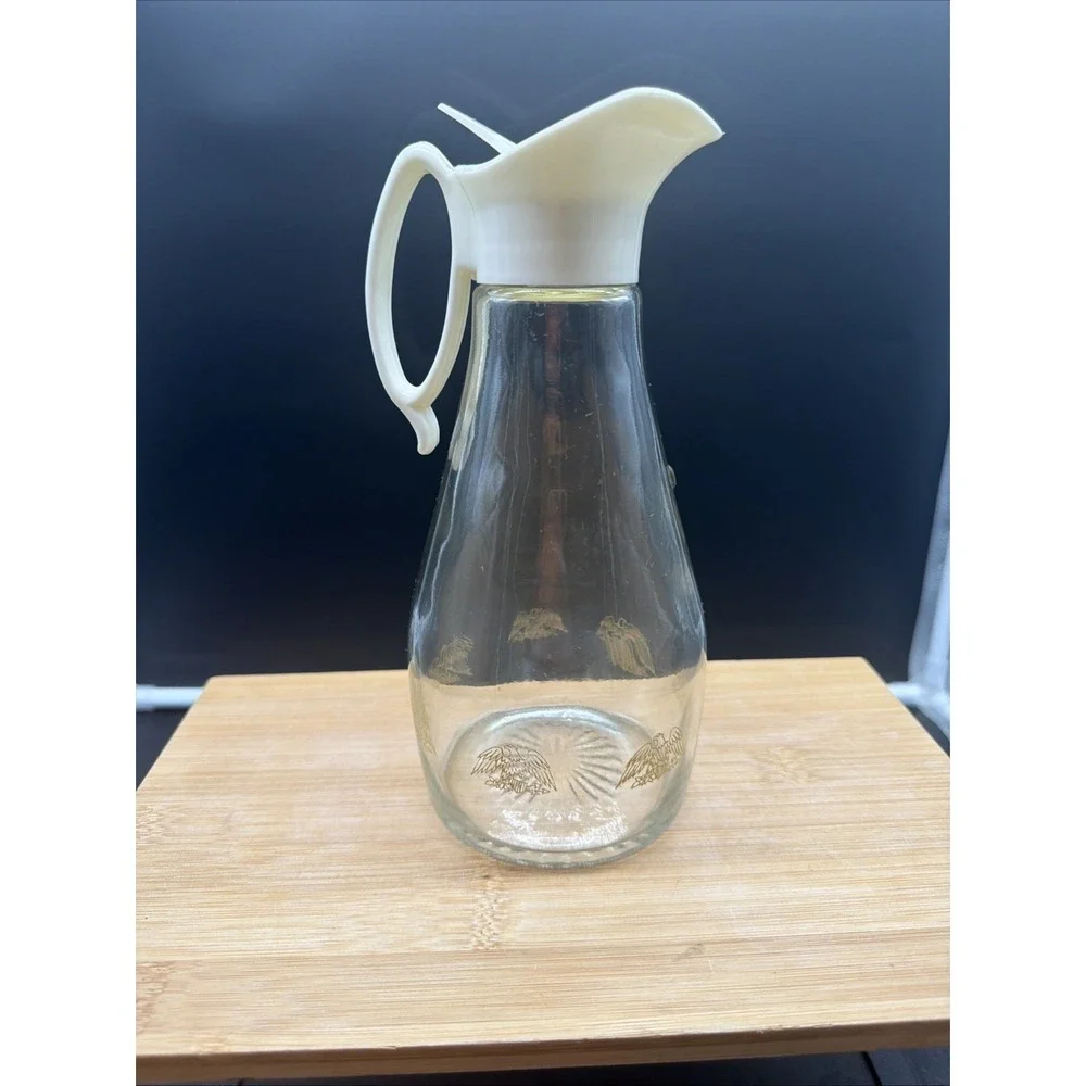VTG Log Cabin Clear Glass Syrup Pitcher handle Pour top America Eagle 28 oz